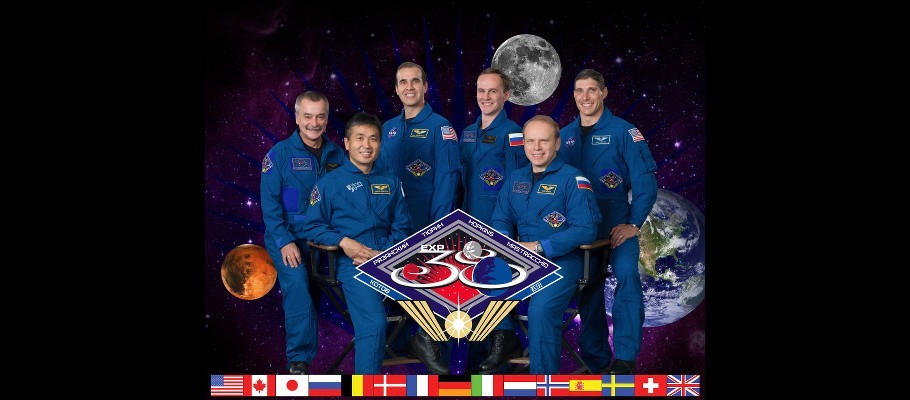 Official portrait for Expedition 38 – Crew members are: (Soyuz 36) – Oleg Kotov, Sergey Ryazanskiy, Mike Hopkins; (Soyuz 37): Mikhail Tyurin, Richard Mastracchio, Koichi Wakata. (Also known as Expedition 38/39).  Photo Date: October 3, 2012.  Location: Building 8, Room 183 - Photo Studio.  Photographer: Robert Markowitz